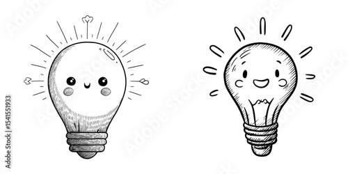 A hand-drawn light bulb with shining idea rays is depicted in a doodle cartoon flat style, symbolizing creativity and inspiration through modern illustration