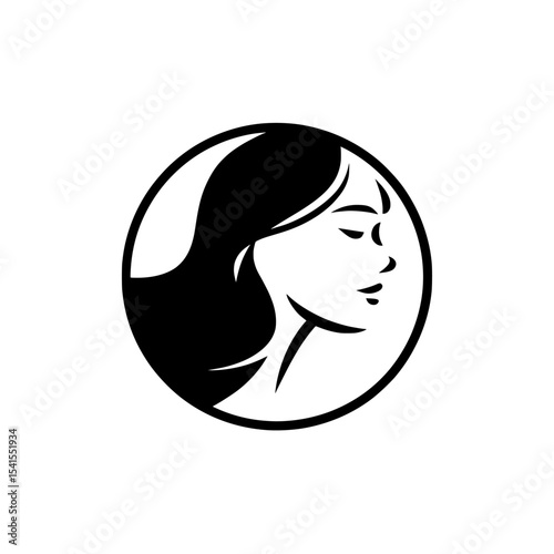 The design of the logo features a simple, minimalist female profile face made up of basic shapes and lines, against a black and white backdrop