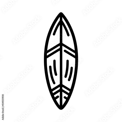 A surfboard symbolizing the beach and surfing is depicted in a simple outline style icon, colored in black and white