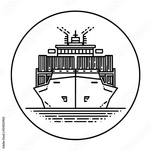 The outlined icon of a container ship in black and white represents global maritime transportation