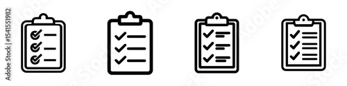 Icon featuring a clipboard with three checkmarks and blank lines in black and white