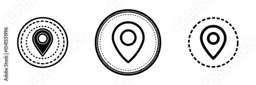 A simple location pin icon is depicted in black and white with a circular dashed border