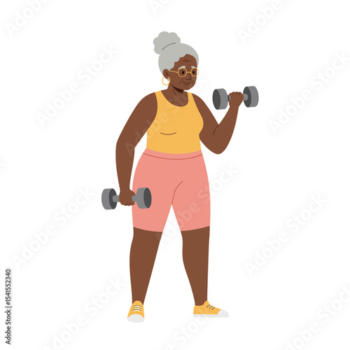 Elderly african-american woman lifting dumbbells, vector illustration. Physical activity and regular sports for seniors