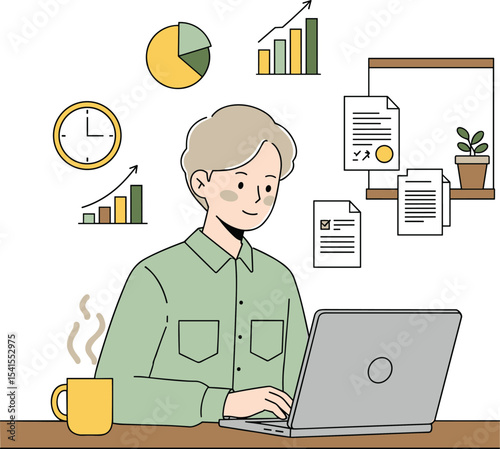 A diligent student or professional is efficiently working on a laptop, surrounded by productivity symbols like charts, documents, and a clock, highlighting focus and academic or work success.