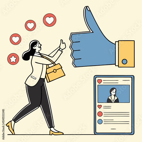 Social Media Engagement Illustration – Woman Liking Post with Thumbs Up and Reactions