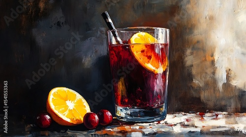 Mulled wine served with slice of orange lemon cranberry