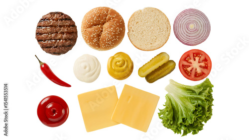 Delicious Burger Ingredients Overhead Shot featuring Patty Bun Lettuce Tomato Cheese Pickles Onion and Condiments