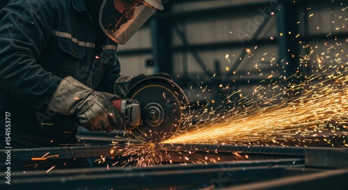 Worker using a grinder to cut metal in a workshop, sparks flying, with industrial background