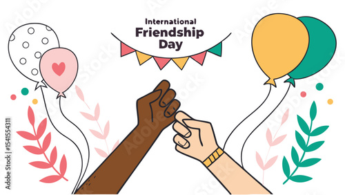 Illustration of international friendship day with balloons, hands and colorful decorative elements around it