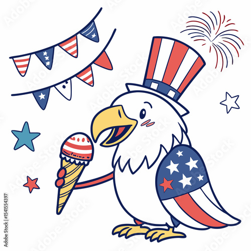 Patriotic Spark colored Eagle with a Mischievous touch, placed in a 4th of July theme and styled with holding a lollipop