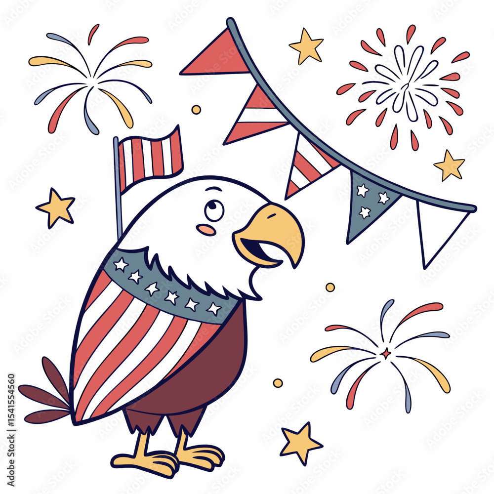 Fototapeta premium Vector illustration of a Surprised Eagle with hugging a pillow, styled in a 4th of July theme using Patriotic Spark colors