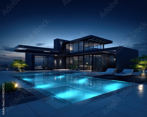 Modern rooftop home with pool at twilight