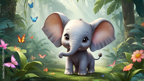 a chibi cartoon character of a baby elephant, with big ears, a cute trunk and a mischievous expression surrounded by playful butterflies and flowers. 