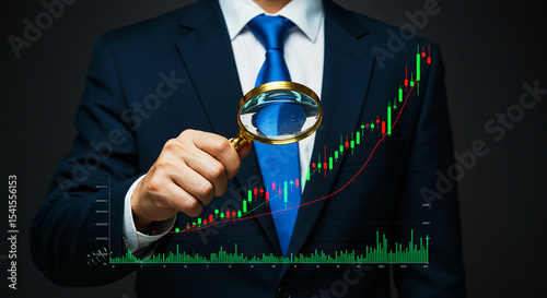 A businessman analyzing stock market trends with a magnifying glass in a dark suit and blue tie
