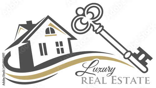 Illustration of a house with a key and luxury real estate text on a white background design logo art