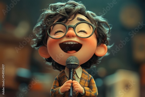 Child singing joyfully on stage with microphone