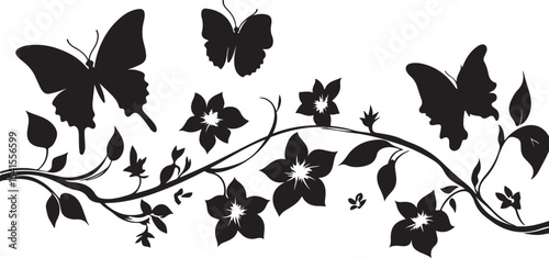 Elegant Floral Vine with Butterflies Silhouette Design on White Background