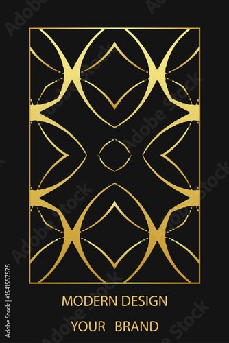 Ethnic black lorem background, cover design. Geometric minimalist gold pattern. Template, stencil, stained glass. Vintage ornaments, arabesques, mandala, logo of the East, Asia, India, Mexico, Aztec.