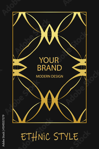 Ethnic black lorem background, cover design. Geometric abstract gold pattern. Template, stencil, stained glass. Vintage ornaments, arabesques, mandala, logo East, Asia, India, Mexico, Aztec, Peru.