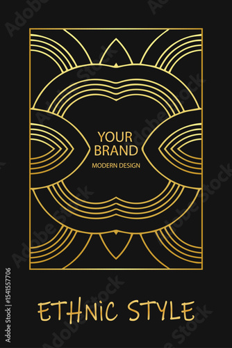 Ethnic black lorem background, cover design. Geometric artistic gold pattern. Template, stencil, stained glass. Vintage ornaments, arabesques, mandala, logo of the East, Asia, India, Mexico, Aztec.