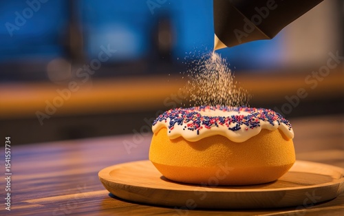 Sprinkled donut being dusted