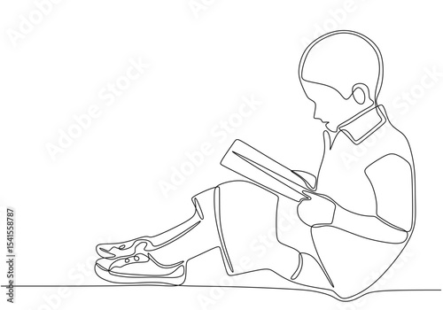 Continuous one line drawing kid sitting reading book. The new hobby of reading books helps to relax. One book one day. Good habits. Book festival concept.