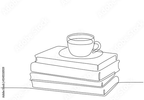 Cup of coffee and books stack one line art drawing isolated on white background.