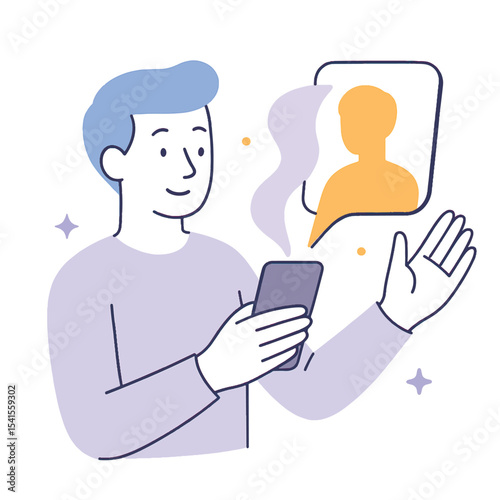 Flat vector illustration of a man making a video call on a smartphone. A chat bubble with a person icon appears, symbolizing communication, connection, and digital conversation.
