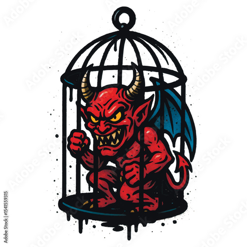 Vector illustration of a small angry red demon with horns and wings trapped inside a dripping metal cage. Graffiti style design with bold lines and grunge texture on white background.