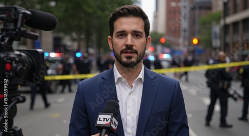 News reporter covering a police incident in a busy urban street with emergency vehicles in the background