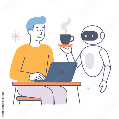 Flat vector illustration of a robot assistant serving coffee to a man working on a laptop. Concept of AI support, smart technology, and automation in everyday tasks.