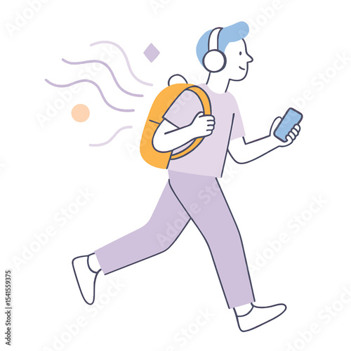 Flat vector illustration of a young man walking with a backpack and headphones, holding a smartphone. Represents modern lifestyle, mobility, and enjoying music on the go.