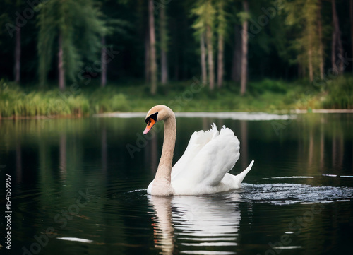 Swan in the river. Wild swan swims in the lake water. White swan in the lake close-up. Wildlife and lake with birds.