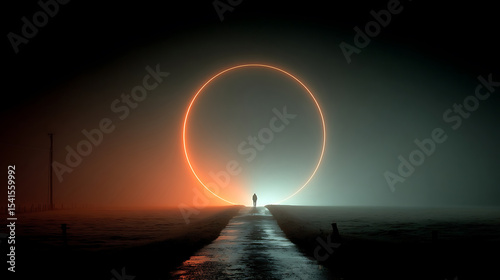 Mysterious Figure Walking Through a Glowing Portal in Fog