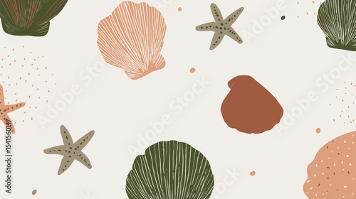 Stylized shells scatter across abstract beige background