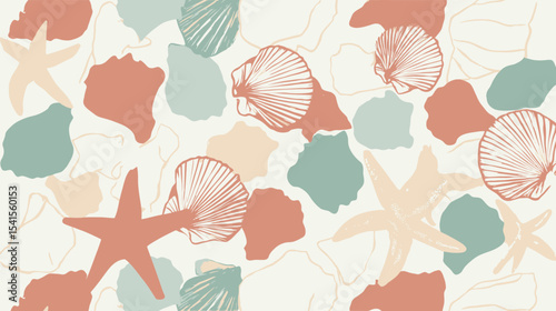 Marine starfish seashells decorate offwhite beach pattern background coastal decor