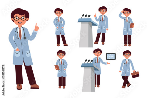Doctor in different poses demonstrating healthy lifestyle promotion and public speaking skills in a professional setting. Set of doctor characters in flat style on white background.