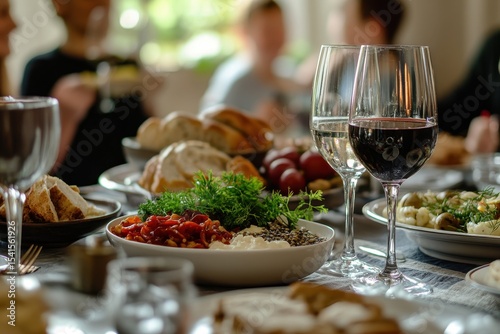 Elegant dinner gathering with assorted dishes and wine in warm atmosphere