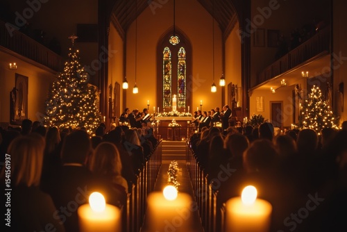 Christmas concert in a beautifully decorated church with candlelight and tall Christmas trees