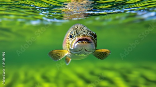 Wallpaper Mural The rainbow trout Oncorhynchus mykiss in the lake.The rainbow trout Oncorhynchus mykiss in the lake.Trout in the green water of a mountain lake. Big brown trout swimming in blue green Torontodigital.ca