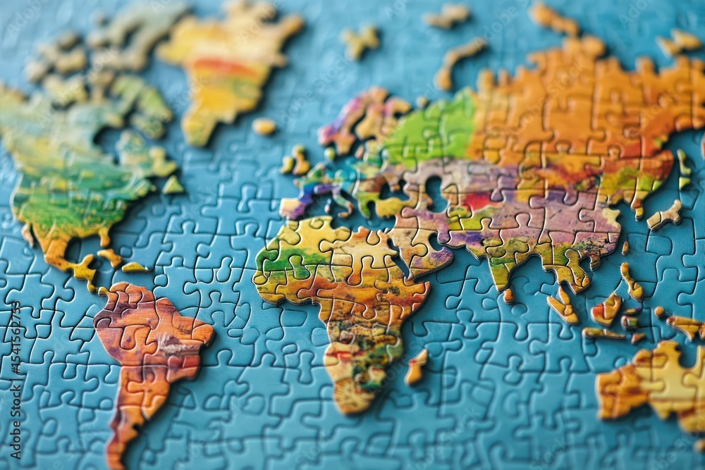 Fototapeta premium Flat puzzle geography idea with continents forming from jigsaw