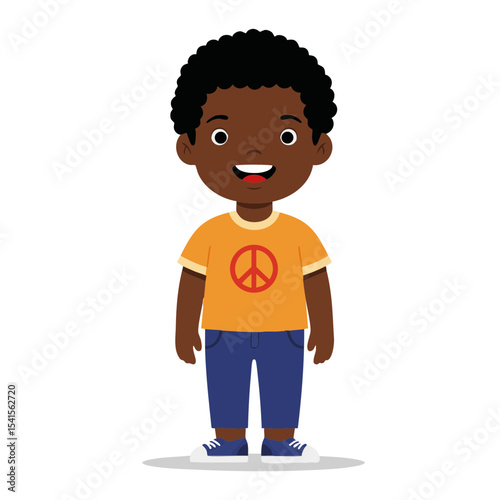 Black child smiling in peace T-shirt, flat vector illustration


