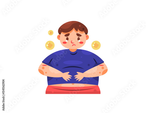 illustration of a boy who looks sad because he has a fat body. overweight or obesity. not confident because he is fat. big body. facial expression and gesture. flat style character design