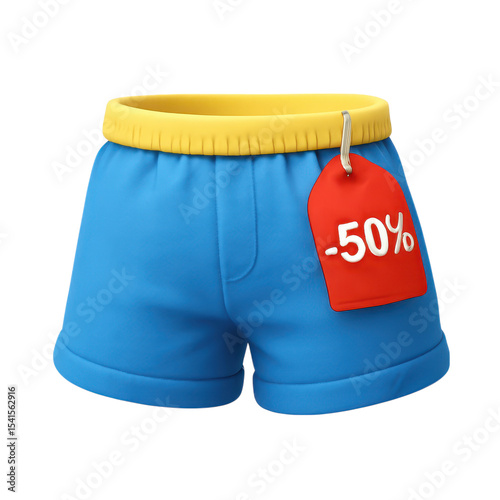 Blue shorts with yellow waistband and 50 discount tag