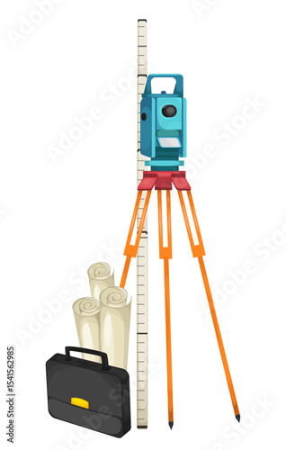 Land surveying tools including a total station on tripod, measuring rod, blueprints, and a briefcase. Vector illustration.
