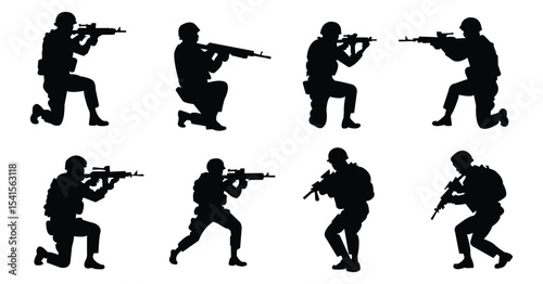 Army Soldiers with Rifles Silhouette Vector.  Military Combat and Tactical Action Poses Set