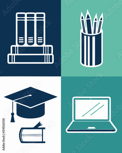 Education icons design featuring books pencils laptop graduation cap for website or app design branding and learning projects