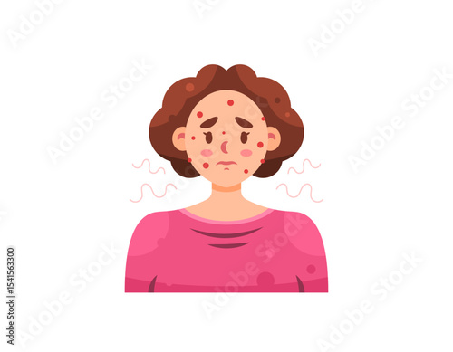 illustration of a sad woman with acne. health problem or skin disease. girl with red spots on her face. allergy or acne. red bumps. facial expression. flat style character design