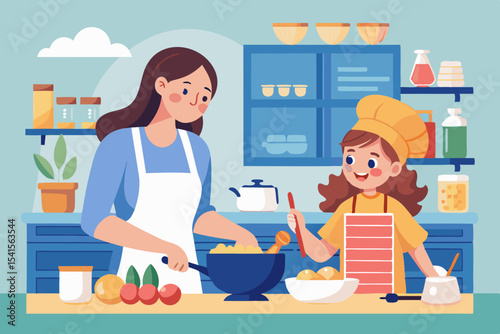 Delightful Mother and Daughter Cooking Together in a Vibrant Kitchen Scene, Perfect for Family Blogs or Cookbooks