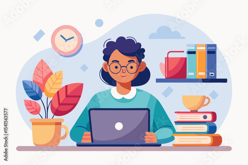 A cheerful woman works on her laptop surrounded by books plants and a clock a perfect design for websites blogs and social media